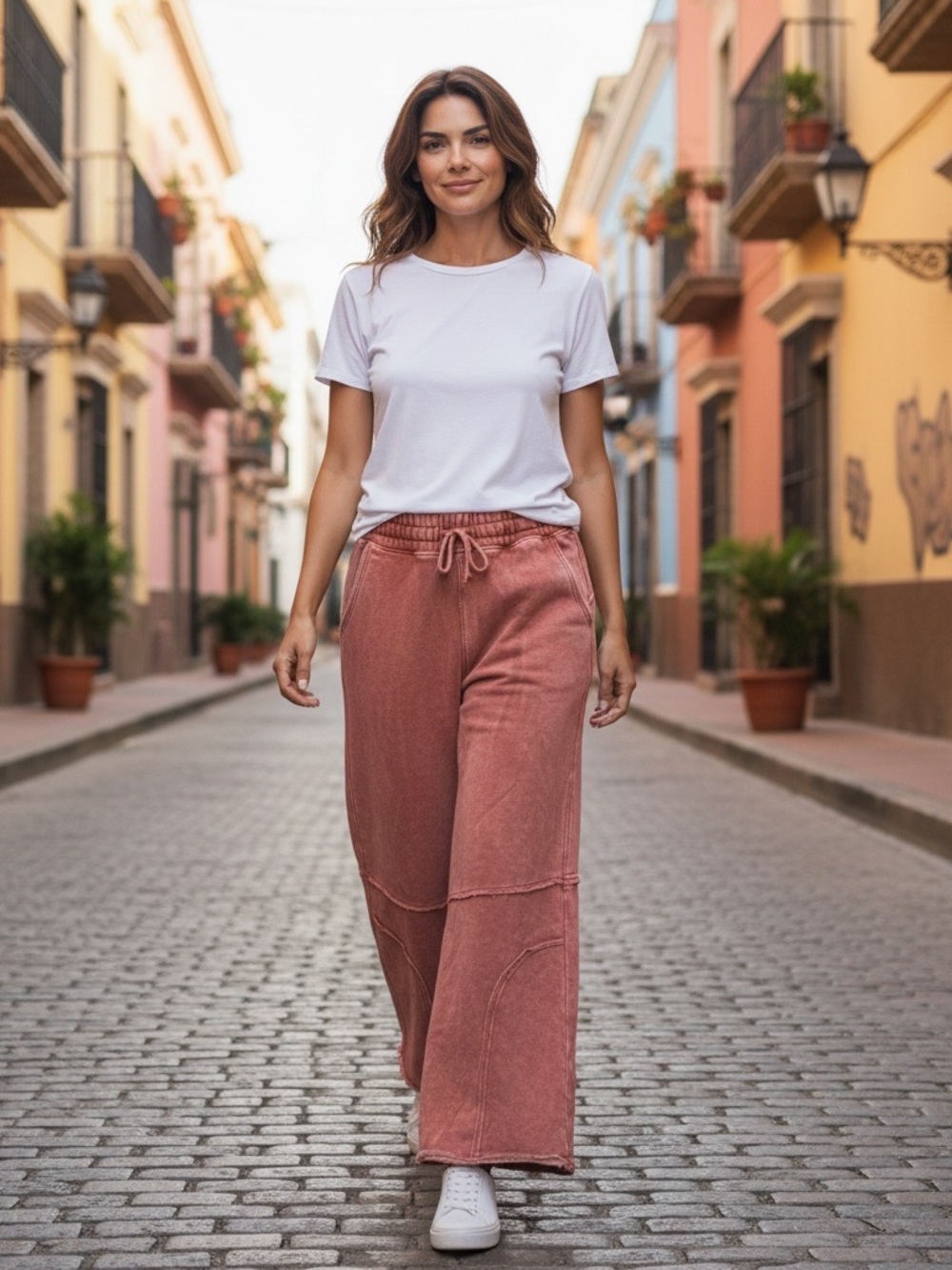 Zenana Wide-Leg Drawstring Ponte Pants in mineral washed rust